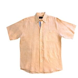 MINE Mens 100% Linen Short Sleeve Button Down Shirt Peach M Striped Placket New